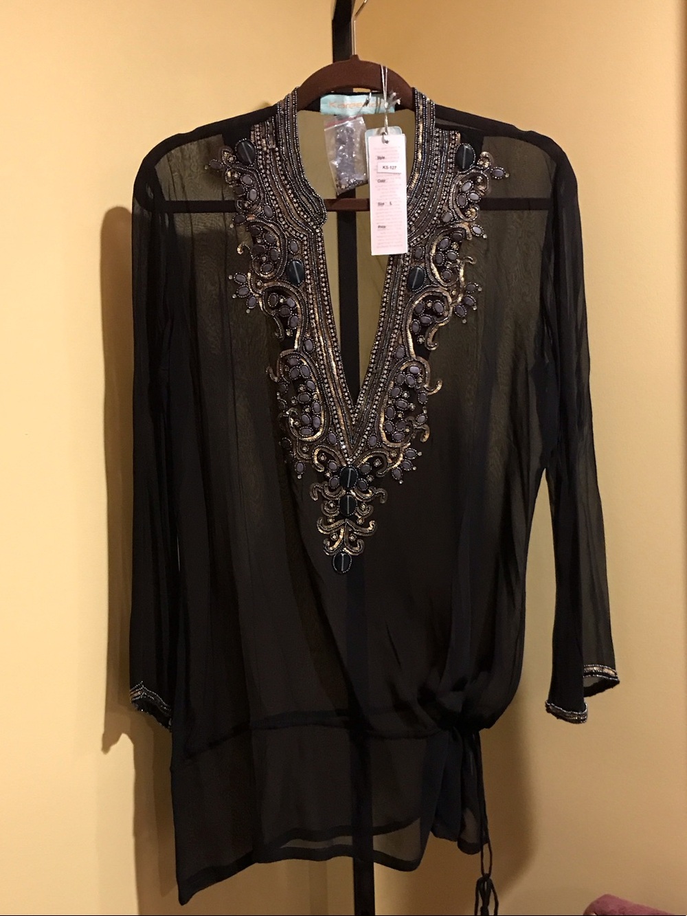 Kareenas Black Beaded Sheer Swim Coverup